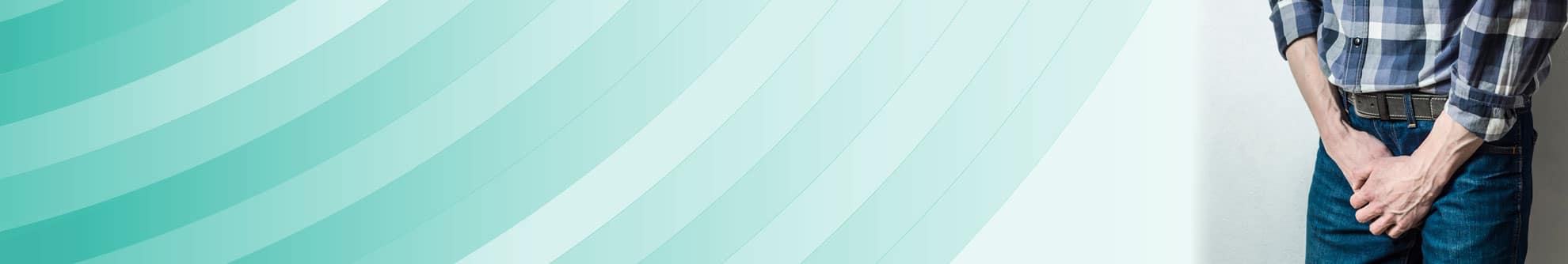 man holding bladder area image against green striped background