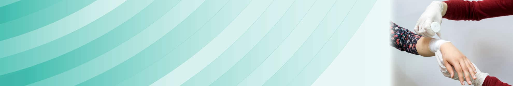 doctor bandaging patient's wrist image against green striped background