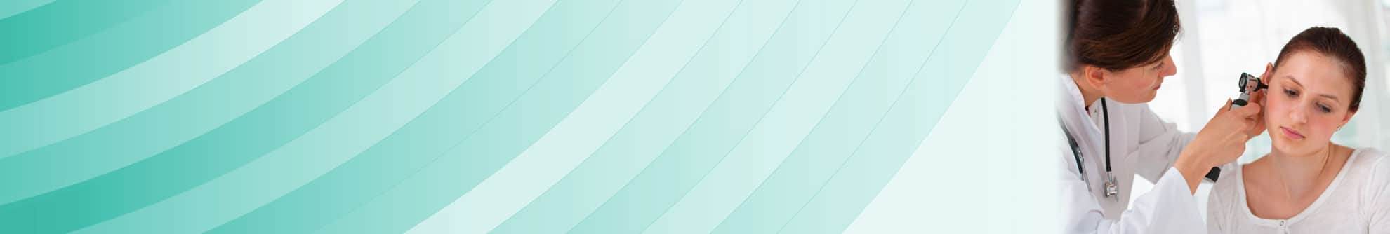 woman checking young female's ear image against green striped background