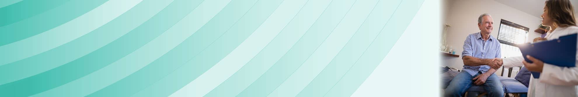 doctor shaking patient's hand image against green striped background