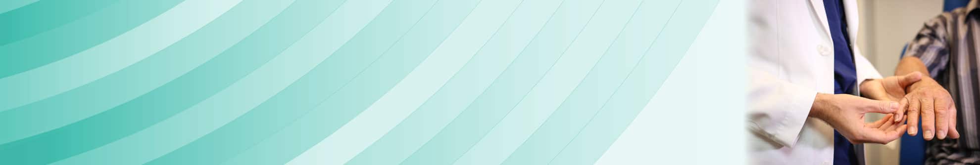 doctor checking patient's hand image against green striped background