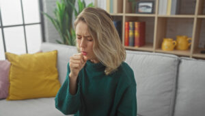 A woman sitting on a couch holds her hand to her mouth and appears to be coughing. Her eyes are closed, and her brow is furrowed.